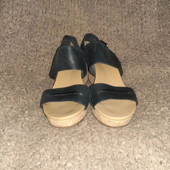 UGG-Elena II-Black Leather Platform Wedge Sandal Cork-Size 9-Excellent - Picture 3 of 8